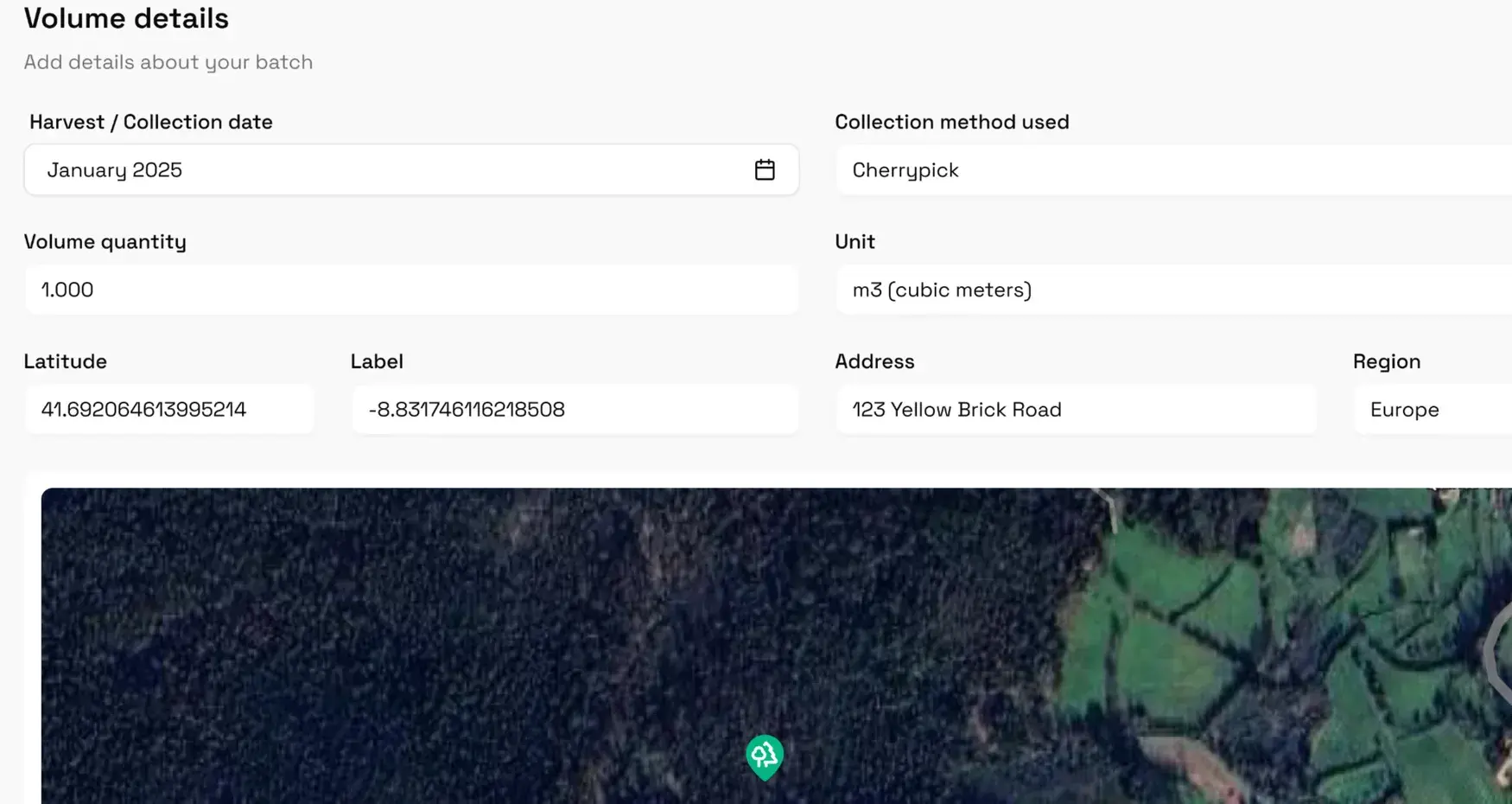 Covenant listing detail — harvest date, collection method, quantity, coordinates and the parcel on the map